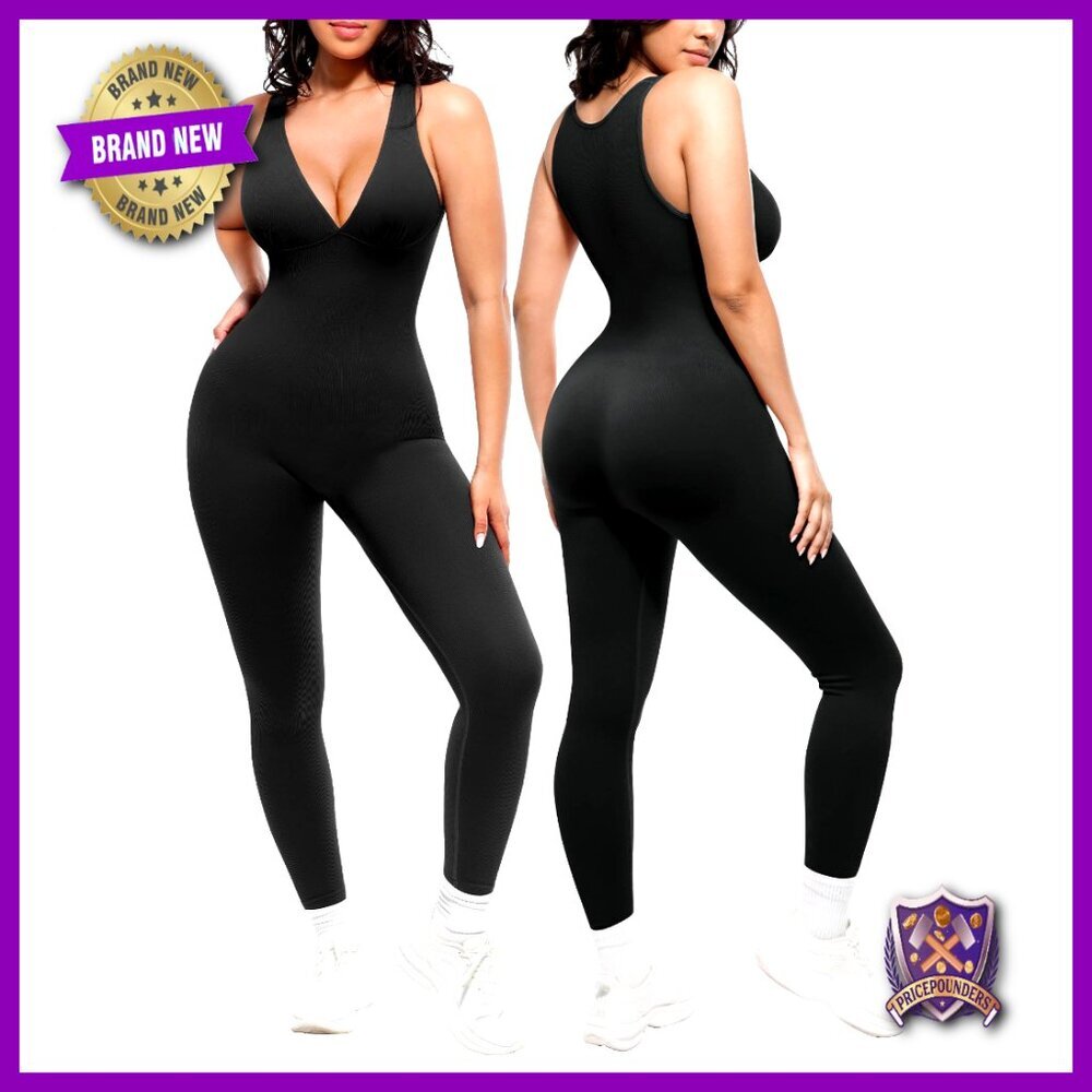 Sleeveless V-Neck Jumpsuit with Tummy Control, Built-In Bra, Nylon